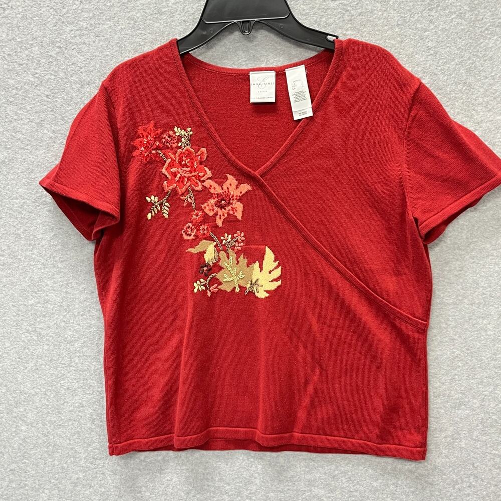 Emma James V Neck Short Sleeve Sweater with Embroidery Petite Large